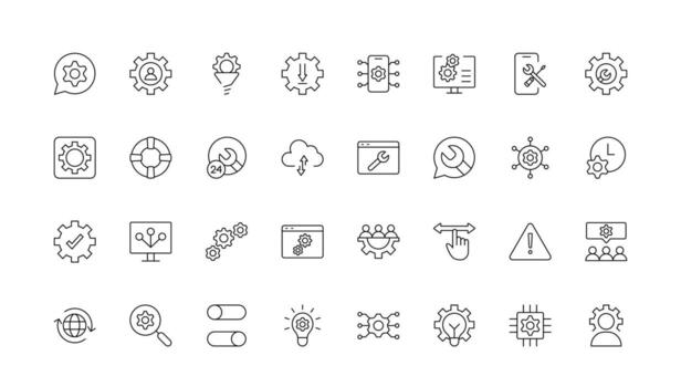 Settings and Gear thin line icon set. options, configuration, preferences, adjustments, operation, gear, control panel, equalizer, management, optimization and productivity icon set. vector