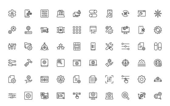 Settings and gear icon set. Containing options, configuration, preferences, operation, control, management, optimization and productivity thin line icon. vector