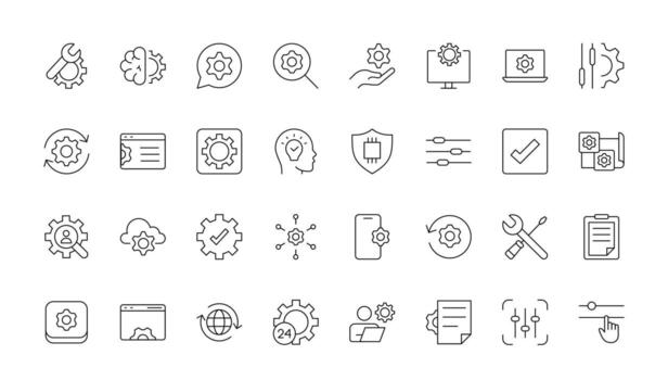 Settings and Gear thin line icon set. options, configuration, preferences, adjustments, operation, gear, control panel, equalizer, management, optimization and productivity line icon set. vector