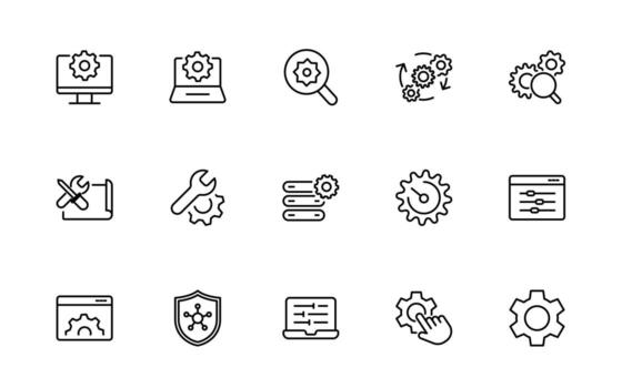 Settings and gear icon set. Containing options, configuration, preferences, operation, control, management, optimization and productivity thin line icon pack. vector