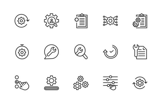 Settings and gear icon set. Containing options, configuration, preferences, operation, control, management, optimization and productivity thin line icon Collection. vector