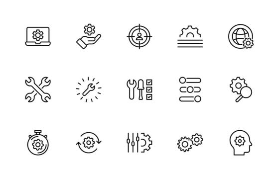 Settings and gear icon set. Containing options, configuration, preferences, operation, control, management, optimization and productivity thin line icon set. vector