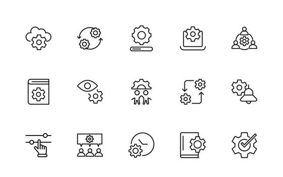 Settings, Gear icon set. options, configuration, preferences, adjustments, operation, gear, control panel, equalizer, management, optimization and productivity icons. vector