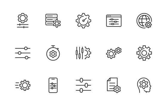 Settings and gear icon set. Containing options, configuration, preferences, adjustments, operation, control panel, management, optimization and productivity. vector