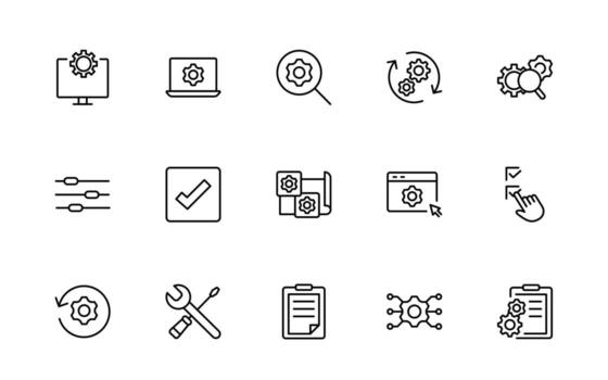 Settings, icon set. Containing options, configuration, operation, gear, control panel, equalizer, management, optimization and productivity icons. vector