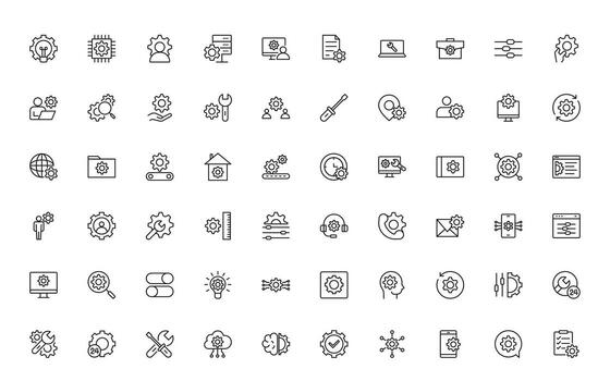 Settings, gear icon set. Containing options, configuration, preferences, adjustments, operation, control panel, management, optimization and productivity icons. vector
