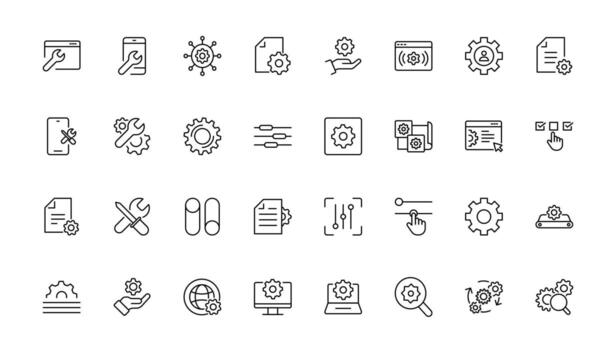 Settings and Gear thin line icon set. options, configuration, preferences, adjustments, operation, gear, control panel, equalizer, management, optimization and productivity icons. vector