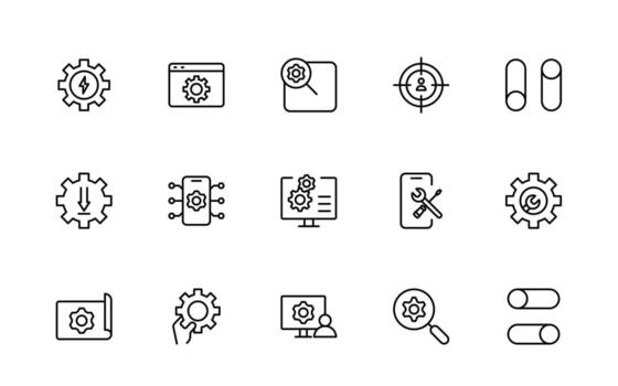 Settings, icon set. Containing options, configuration, preferences, adjustments, gear, control panel, equalizer, management, optimization and productivity icons. vector