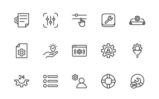 Settings and gear icon set. Containing options, configuration, preferences, adjustments, operation, control panel, management, and productivity. vector