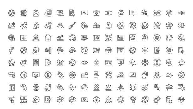 Settings and Gear thin line icon set. options, configuration, preferences, adjustments, operation, gear, control panel, equalizer, management, optimization and productivity minimal icons. vector