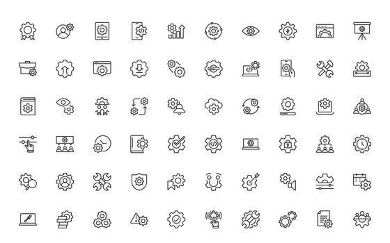 Settings, icon set. options, configuration, adjustments, operation, gear, control panel, equalizer, management, optimization and productivity icons. vector