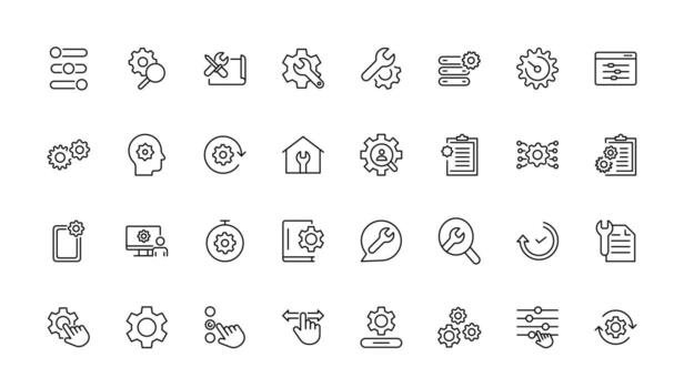 Settings and Gear thin line icon set. options, configuration, preferences, adjustments, operation, gear, control panel, equalizer, management, optimization and productivity icon. vector