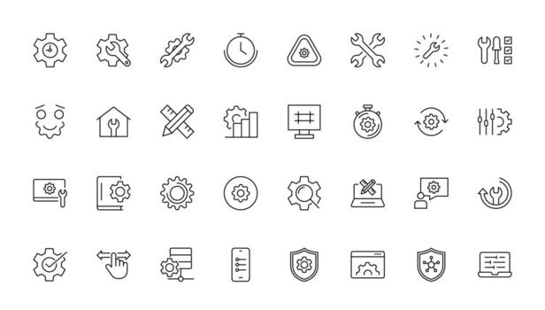 Settings and Gear thin line icon set. options, configuration, preferences, adjustments, operation, gear, control panel, equalizer, management, optimization and productivity minimal line icon set. vector