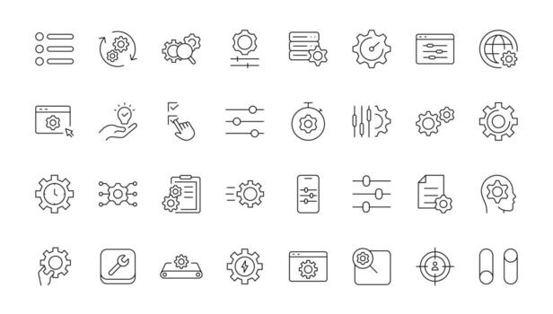 Settings and gear icon set. options, configuration, preferences, operation, control, management, optimization and productivity line icon set. vector