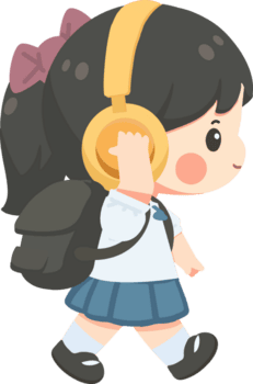 uma desenho animado menina com fones de ouvido caminhando png