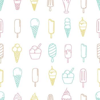 sin costura modelo con hielo crema conos y Paletas de hielo en blanco antecedentes. verano postre, repitiendo fondo. vector