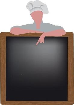 -Chef pointing at empty blackboard menu with wooden frame vector
