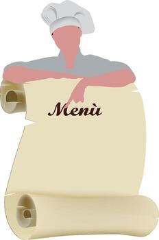 -Chef pointing at menu on old paper scroll vector