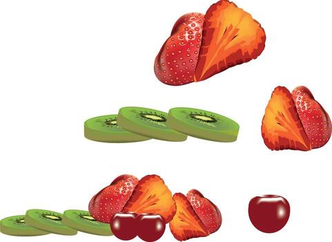 -Falling strawberries, kiwi slices, and cherries creating a colorful fruit composition vector