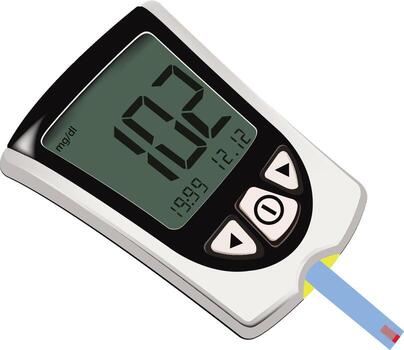 Glucose meter showing blood sugar level reading on white background vector