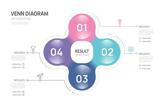 Venn diagram business infographic glass circle chart template 4 steps options, presentation with venn diagram elements illustration. vector