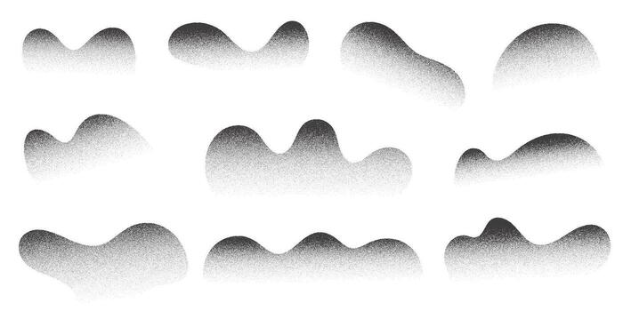 Grainy dotted abstract shapes on white background. Noisy gradient with black stipple shadow. Liquid figures with dotted fade. Dusty spots with diffuse texture. Monochrome fluid effect vector