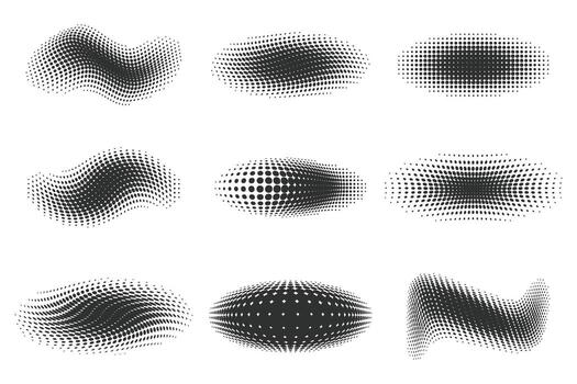 Dotted shapes. Abstract gradient wavy elements isolated on white background. Halftone geometric lines with gradation texture. Curved dynamic set vector