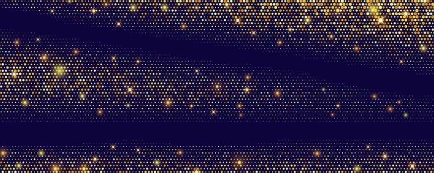 Golden glitter on black background. Dusty and confetti dotted pattern with halftone effect. Glowing sparkles and shiny stars. Abstract shimmer texture with magic yellow particles of powder. vector