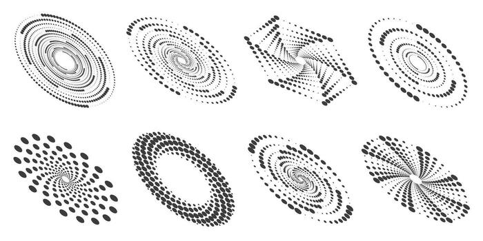 Abstract dotted round with spiral pattern. Circular graphic on white background. Swirl circle shapes with halftone effect. Geometric concentric radial elements. vector