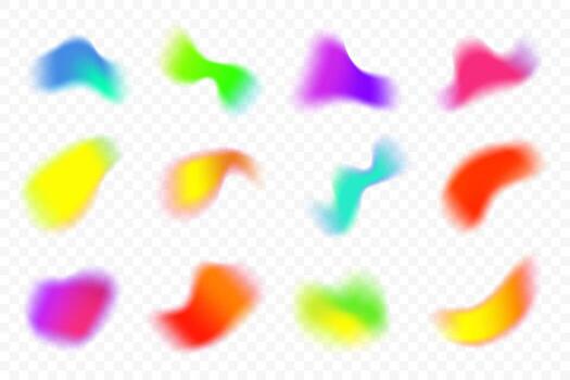 Abstract blurred colored shapes. Mesh fluid liquid elements isolated on white background. Soft light holographic blobs. Neon blend vibrant figures vector