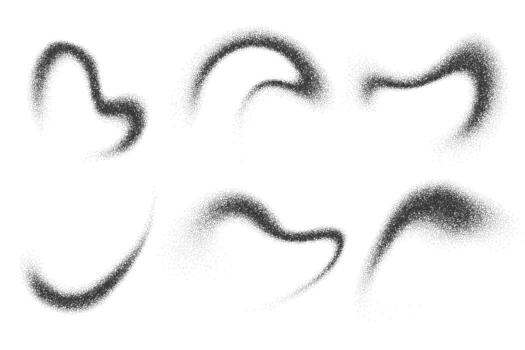 Dotted gradient. Abstract stipple shapes of paint brushstrokes. Dusty charcoal shadows and fluid splashes with pattern of grain noise isolated on white background. vector