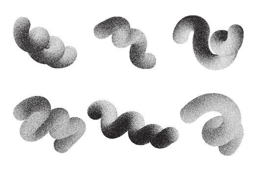 Gradient stipple shapes. 3D wavy lines. Noisy fluid graphic design. Swirl grainy dotted spirals on white background. Sandy twisted textured set of trendy gritty illustrations vector