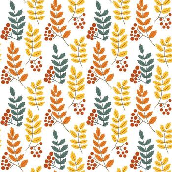 Seamless pattern with rowan branches, berries, and autumn leaves in warm colors. Concept of seasonal nature design, fall harvest, and botanical background vector