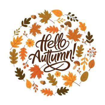A set of elements on an autumn theme, collected in a circle. Lettering vector