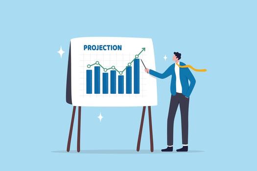 financiero proyección, pronóstico o predicción presentación, estimar o evaluación gráfico y grafico, crecimiento diagrama, creciente o creciente arriba presupuesto, empresario presente financiero proyección bar cuadro. vector