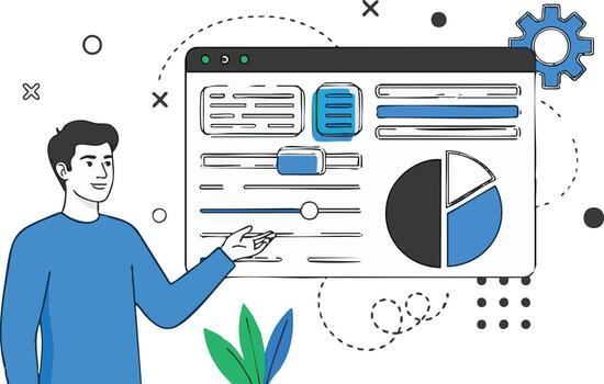 User interacting with a data dashboard illustration vector
