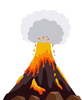 An erupting volcano displays vibrant lava spewing upwards, surrounded by dark rock formations, creating an intense and dramatic atmosphere in this flat design. vector