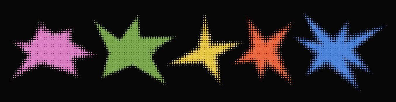 Set of abstract halftone multicolor textured shape. Retro gradient spiked circle stickers. Bursting explosion star. vector