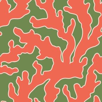Modern abstract seamless pattern. Intricate wavy red coral branch shapes on green background. Bright bold playful repeat design tile for textile, print. Smooth irregular fluid freeform texture. vector