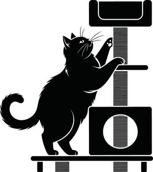 Silhouette of a black cat climbing and playing on a multi level cat tree scratching post vector