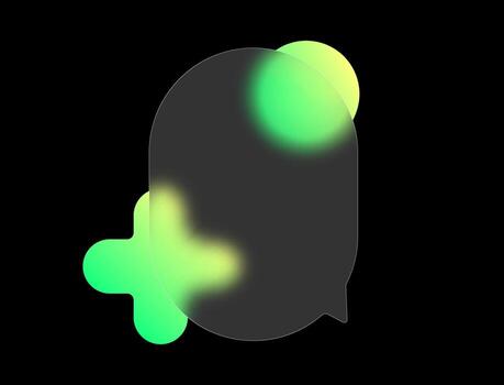 A rounded speech bubble with a semi-transparent appearance overlays vibrant green geometric shapes, showcasing a glass morphism style that emphasizes modern graphic design elements. vector