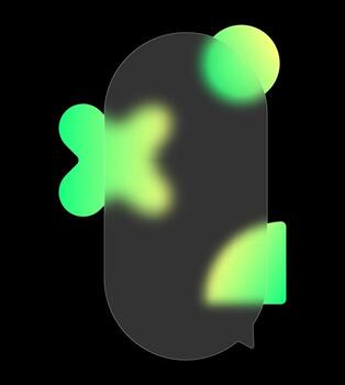 Rounded speech bubble design with glass morphism effect and intersecting geometric figures in bright green gradient. vector