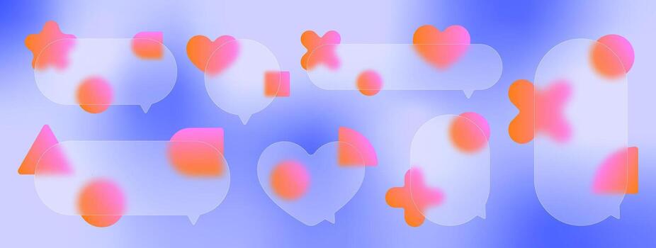 Rounded speech bubbles and hot pink geometric shapes overlap to create a glass morphing effect. A subtle blue gradient background adds depth and visual appeal to the modern design. vector