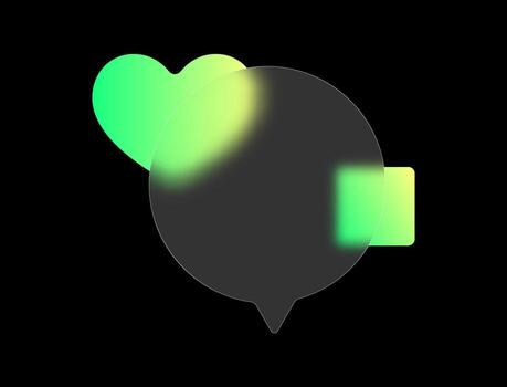 A rounded, semi-transparent speech bubble intersects with bright green geometric figures, showcasing the trendy glass morphism style in a modern digital design context. vector