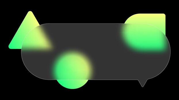 A semi-transparent speech bubble overlays bright green geometric shapes with a gradient effect, highlighting the glass morphism style in a digital composition focused on modern aesthetics. vector