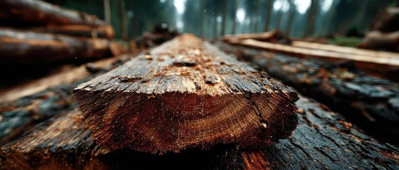 Timber logs arranged in a quiet forest setting photo