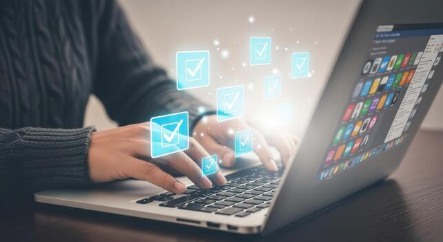 Person Typing on Laptop with Digital Checklist Confirmation Overlays for Task Management photo