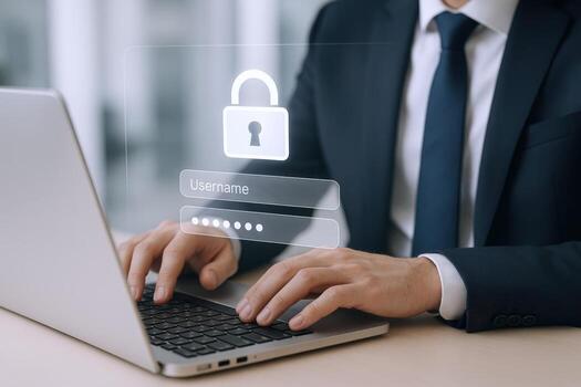 Businessman Securing Data Online Cybersecurity Login on Laptop for Digital Protection and Safe Internet Access photo