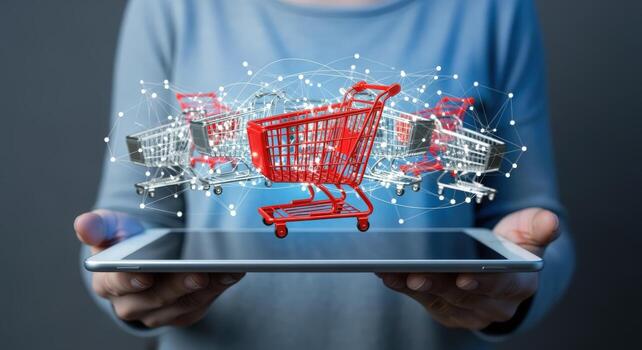 Online Shopping Concept Person Holding Tablet with Virtual Shopping Carts, Representing E-commerce and Digital Retail photo