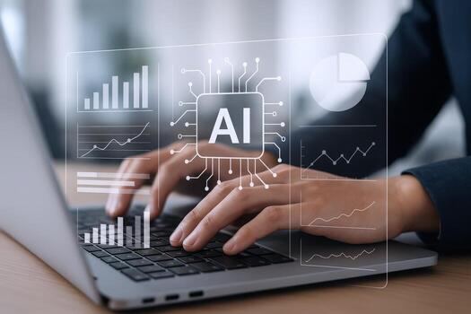 Artificial Intelligence Concept Hands Typing on Laptop with AI Interface Overlay for Data Analysis photo